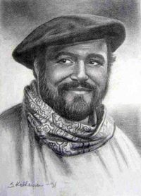 Luciano Pavarotti, lyijykynäpiirros. Taiteilija Sirpa Papinaho.